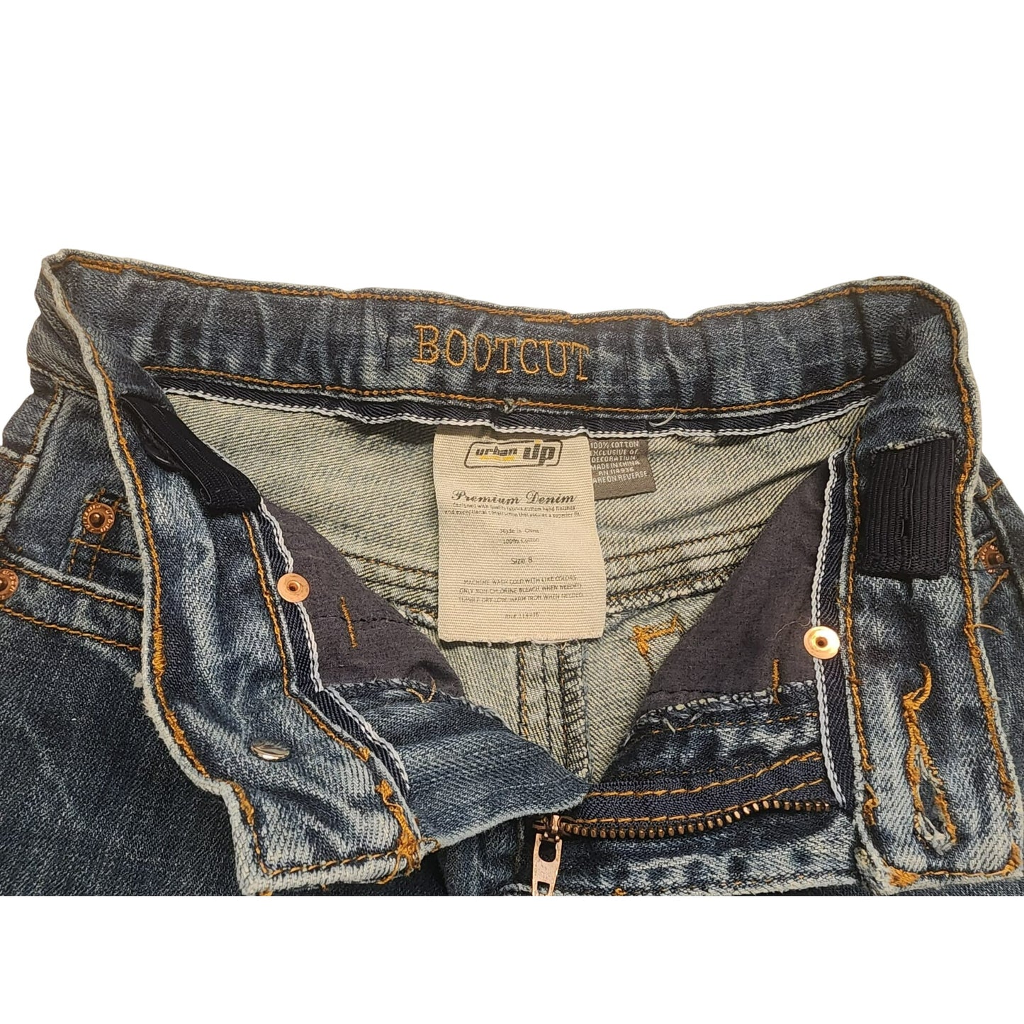 Urban Up Premium Jeans Bootcut Kids Size 8 Blue Denim Adjustable elastic waistband.