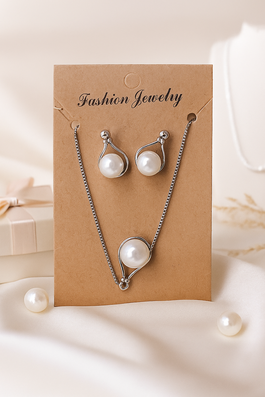 Silver-Tone Pearl Pendant Necklace & Matching Earrings Jewelry Set