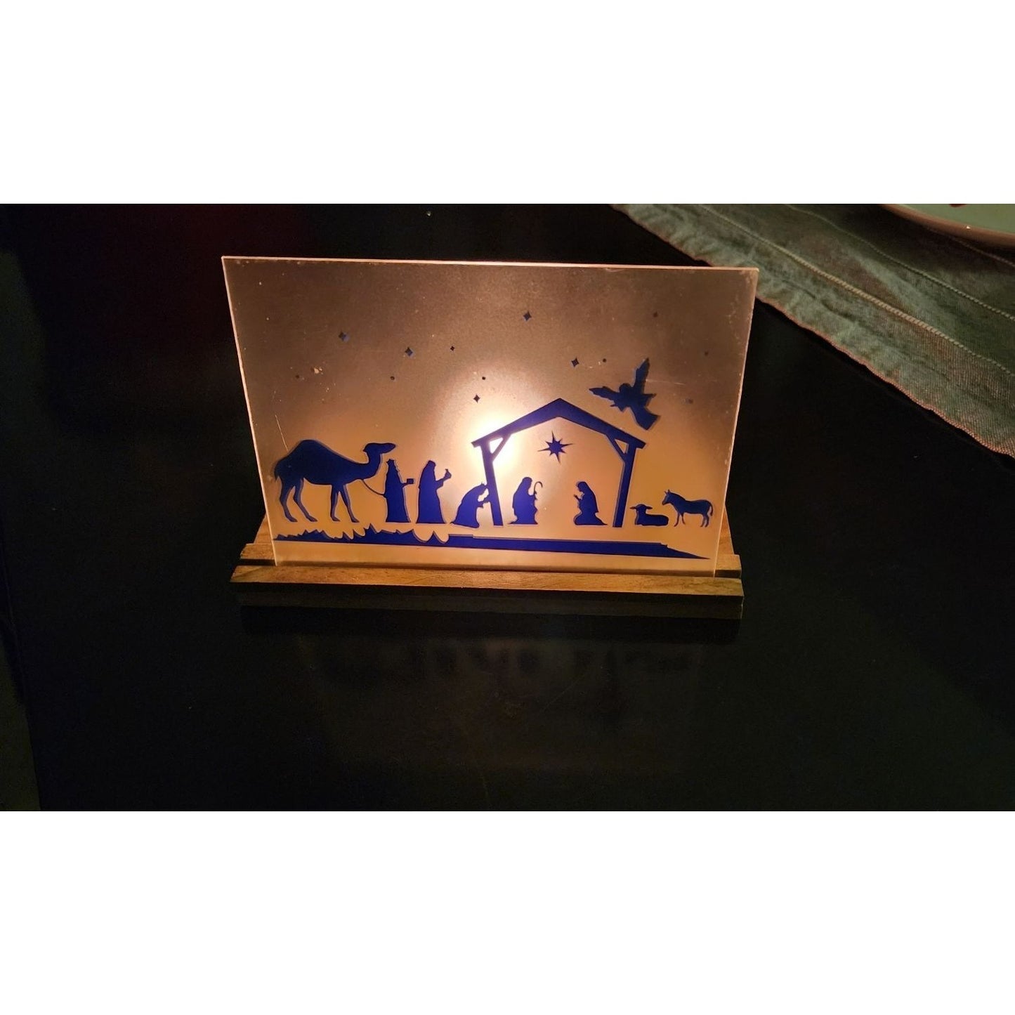 Nativity Silhouette Glass Candle Holder With Wooden Base