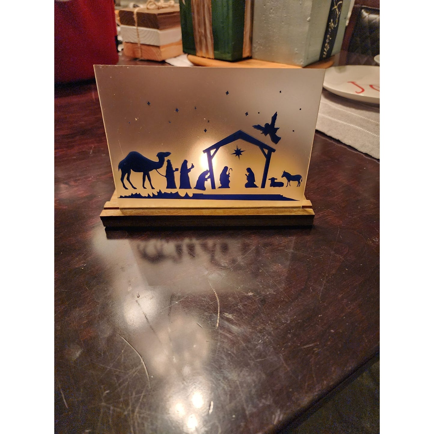 Nativity Silhouette Glass Candle Holder With Wooden Base