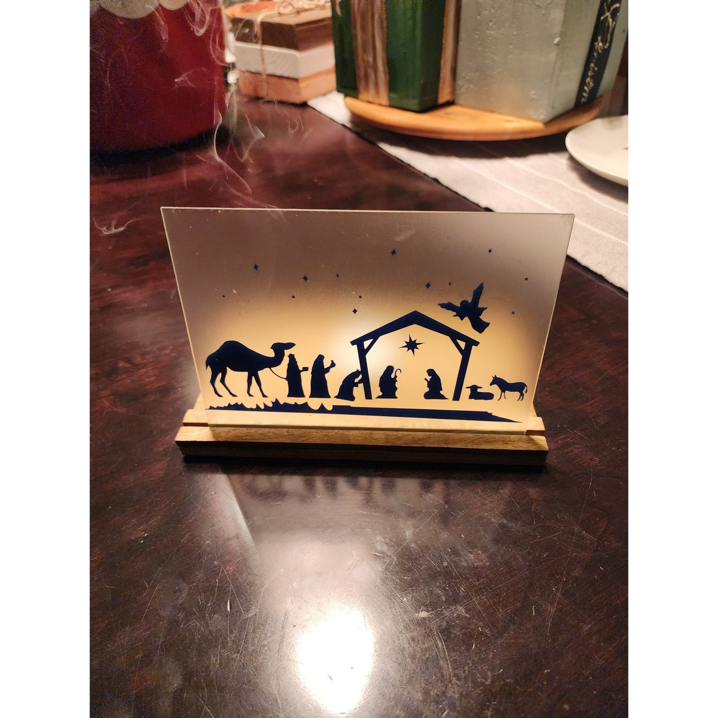 Nativity Silhouette Glass Candle Holder With Wooden Base
