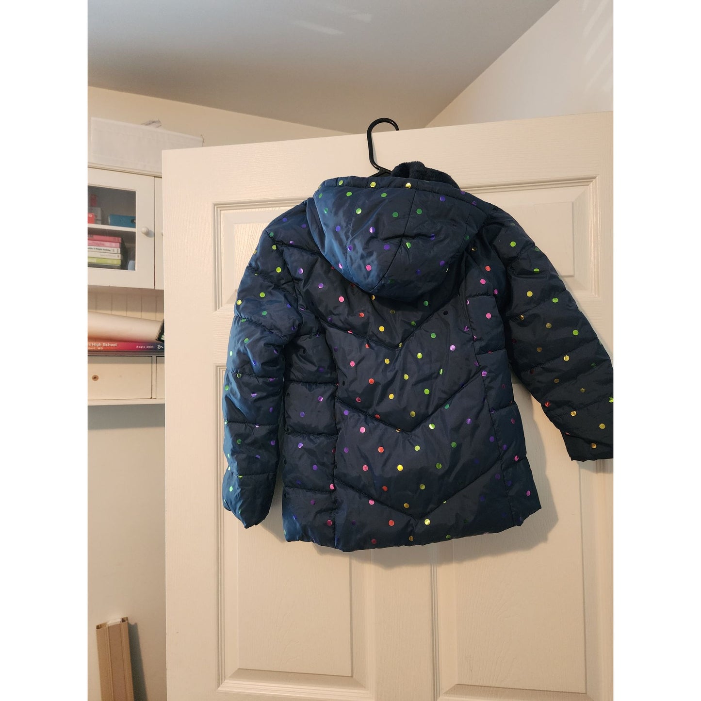 Girls Swiss Tech blue rainbow polka dot hooded winter puffer Jacket Medium 7-8