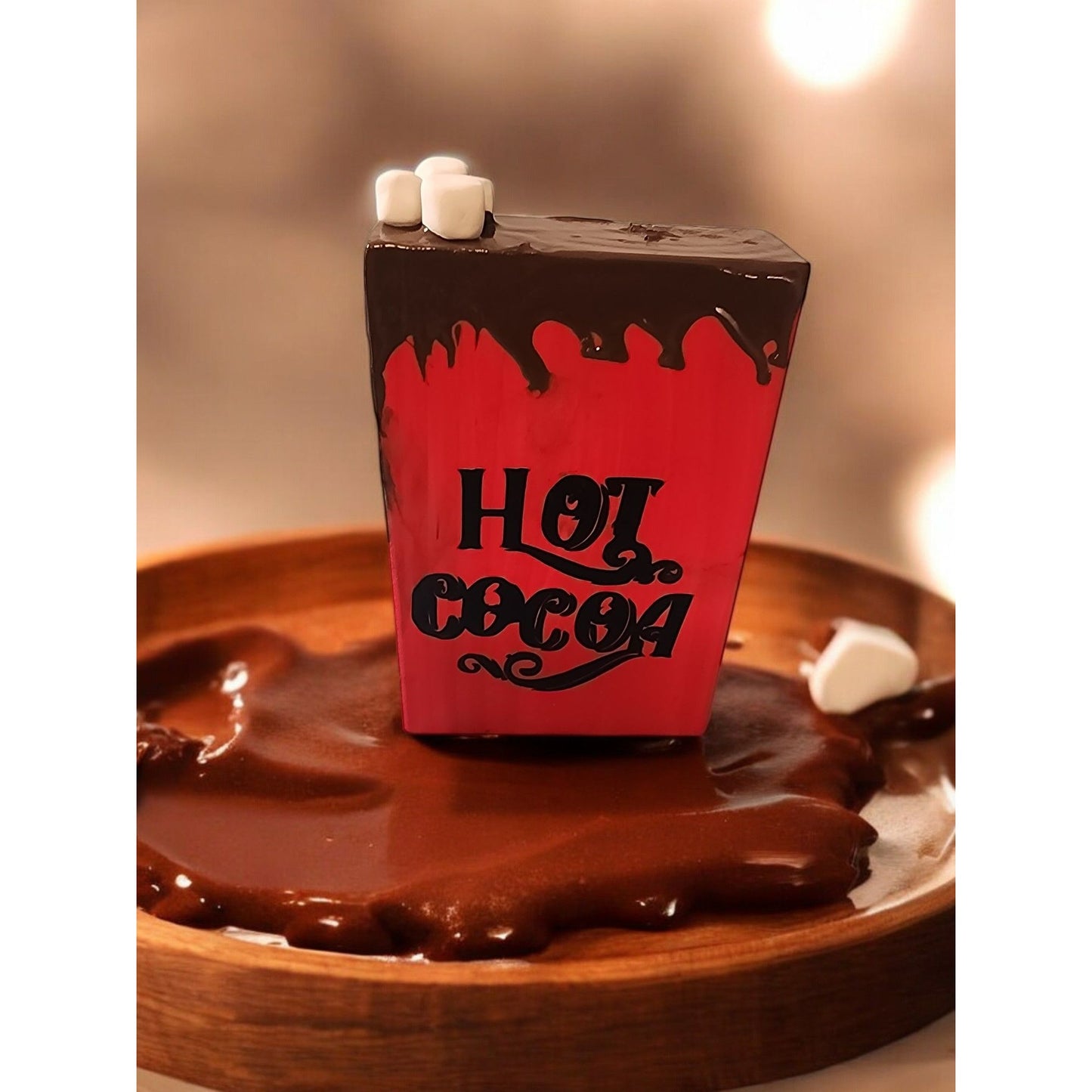 Hot Cocoa Wooden Block Decoration With Dripping Chocolate & Faux Marshmallows