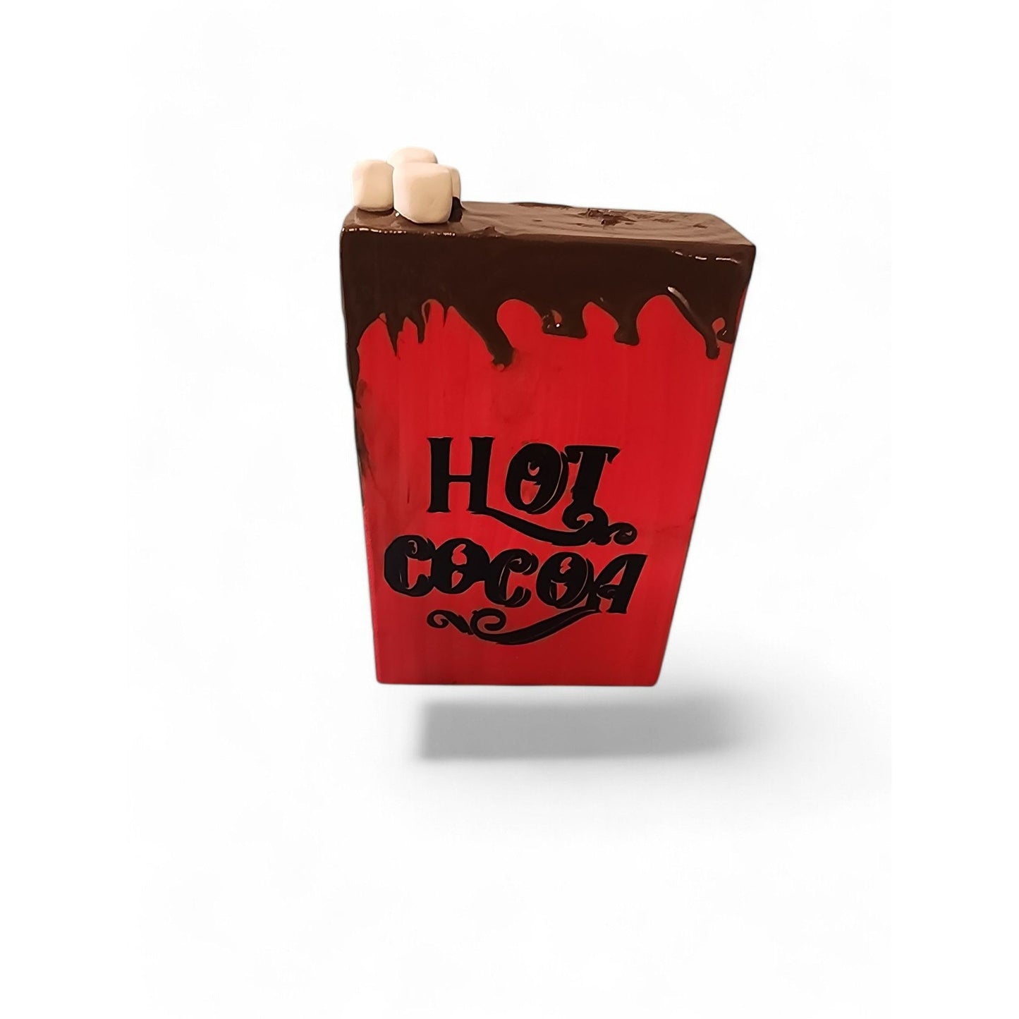 Hot Cocoa Wooden Block Decoration With Dripping Chocolate & Faux Marshmallows