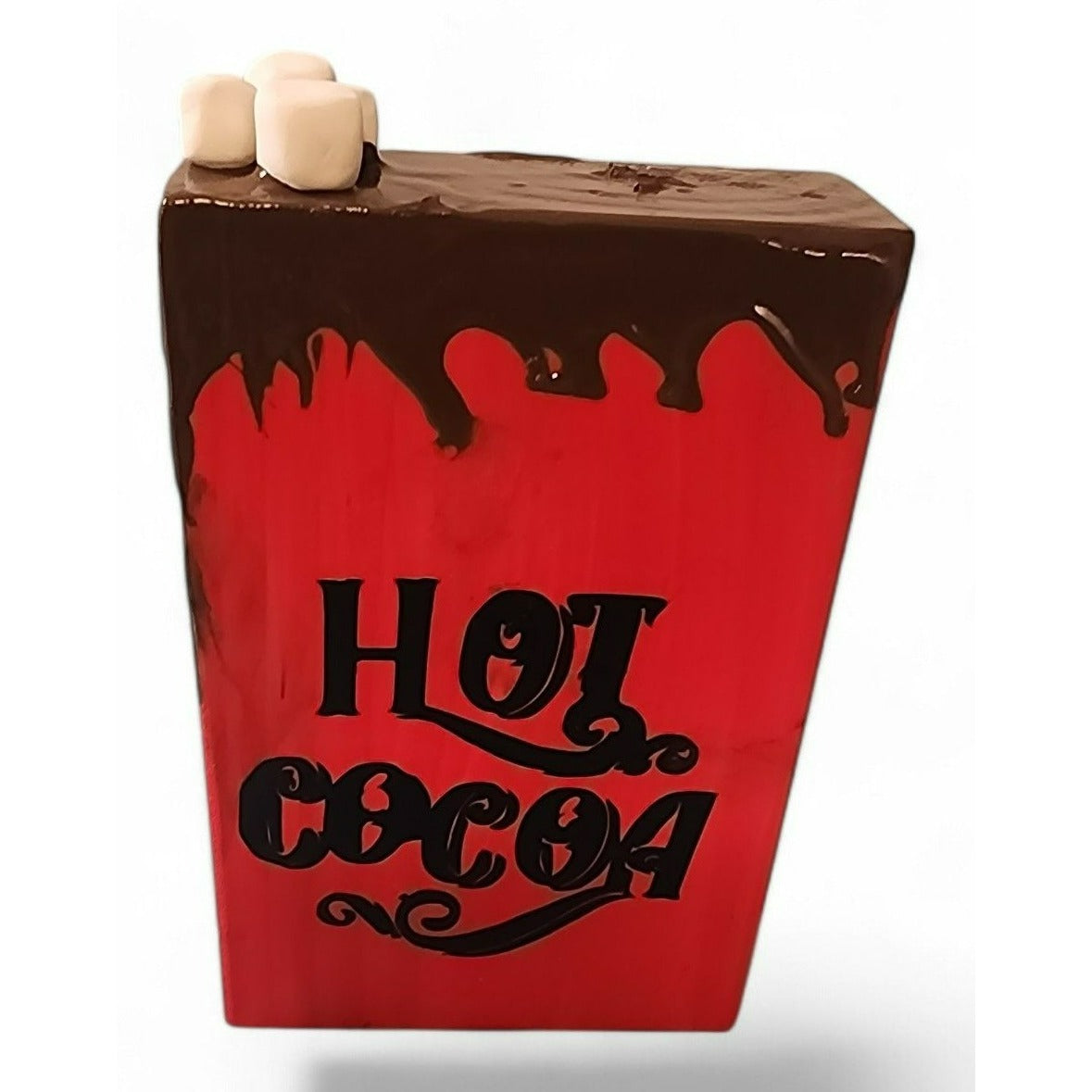 Hot Cocoa Wooden Block Decoration With Dripping Chocolate & Faux Marshmallows