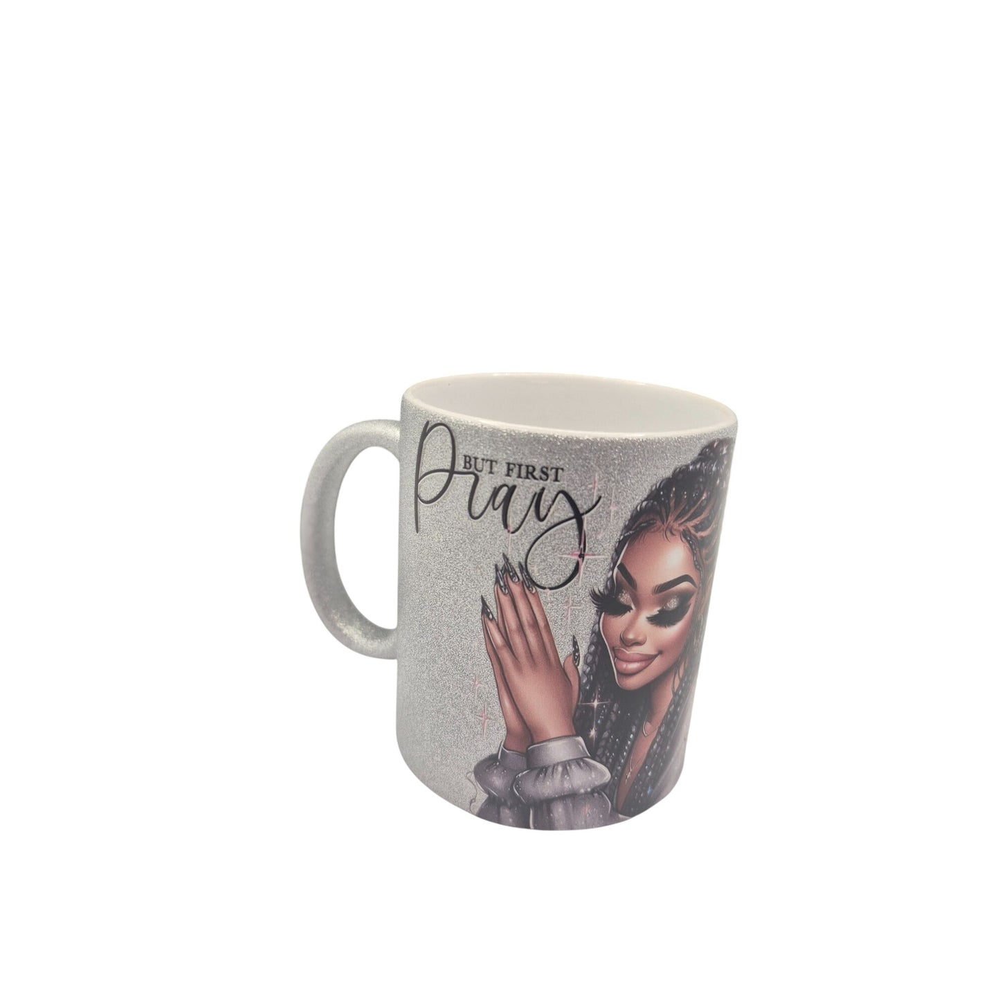 Handmade 12 oz Coffee Mug – “But First Pray” Glitter Silver Cup | Inspirational Prayer Mug | Faith Gift for Women, Coffee & Tea Cup