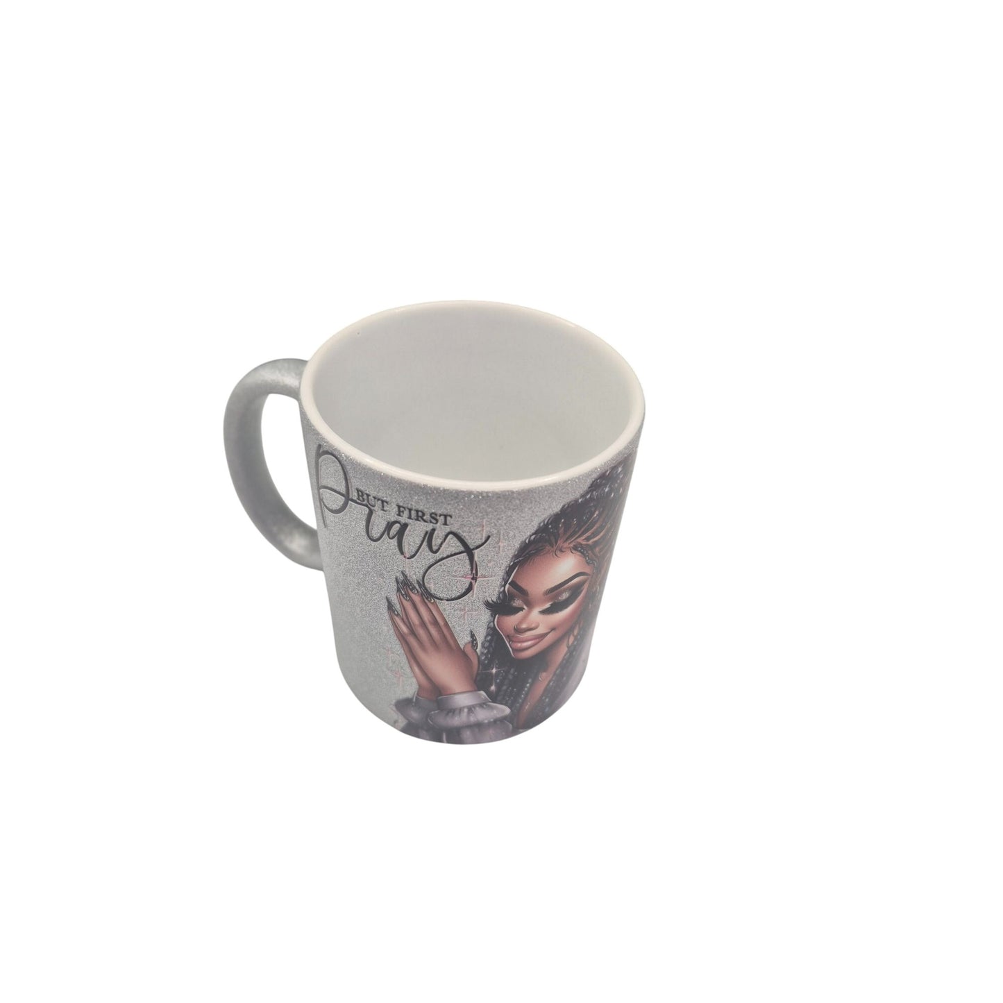 Handmade 12 oz Coffee Mug – “But First Pray” Glitter Silver Cup | Inspirational Prayer Mug | Faith Gift for Women, Coffee & Tea Cup