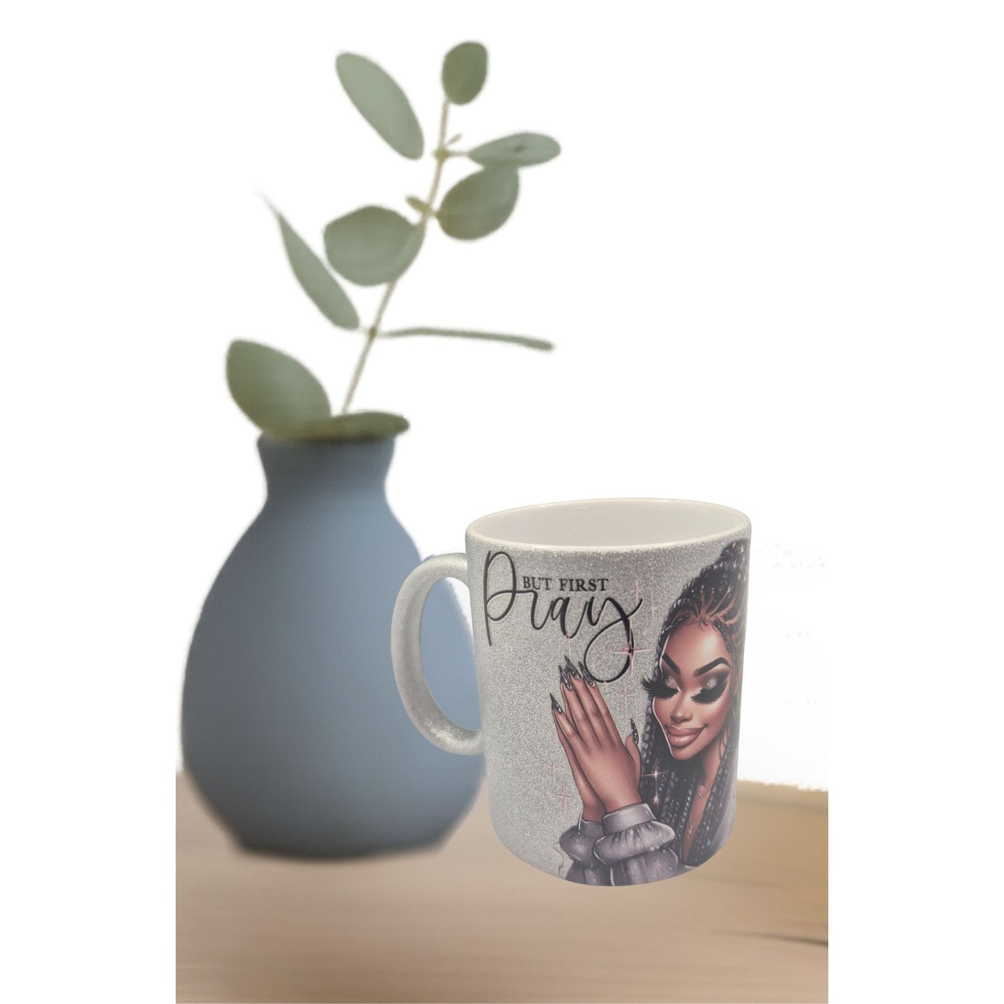 Handmade 12 oz Coffee Mug – “But First Pray” Glitter Silver Cup | Inspirational Prayer Mug | Faith Gift for Women, Coffee & Tea Cup