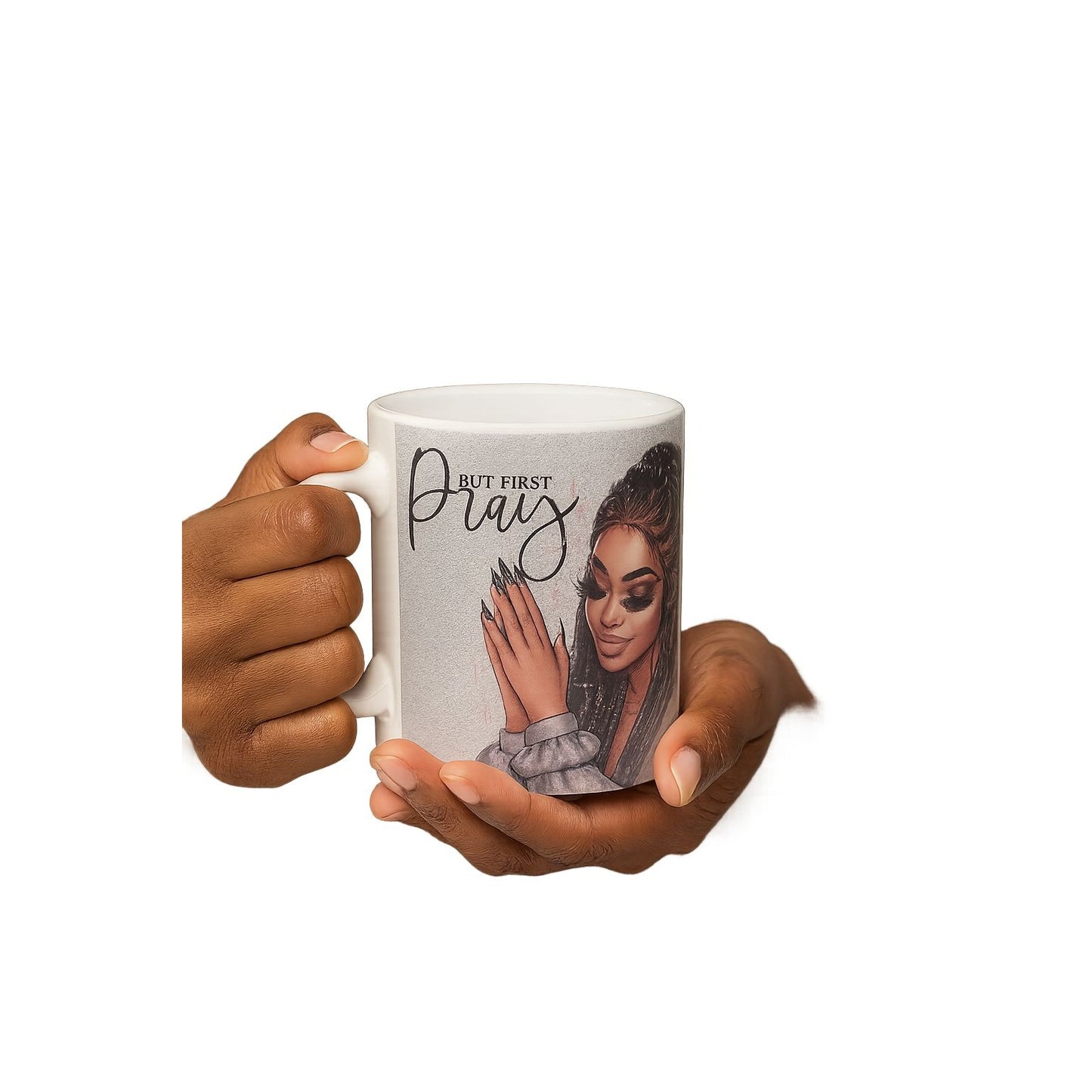 Handmade 12 oz Coffee Mug – “But First Pray” Glitter Silver Cup | Inspirational Prayer Mug | Faith Gift for Women, Coffee & Tea Cup