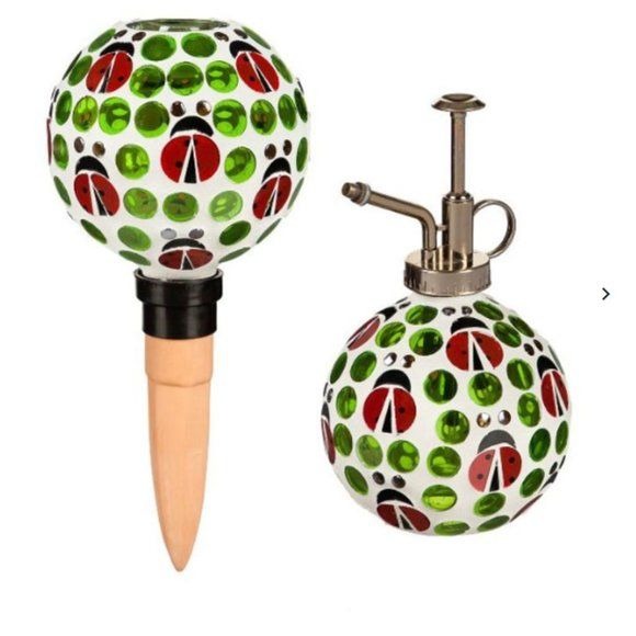 Evergreen set of 2 Mosaic watering globe with coordinated mister set, Ladybug