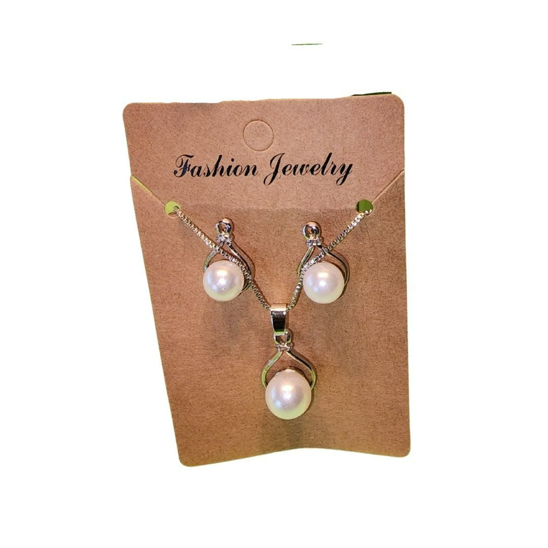 Silver-Tone Pearl Pendant Necklace & Matching Earrings Jewelry Set