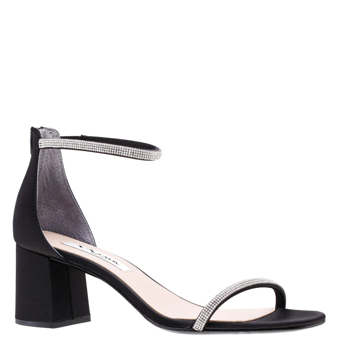 NINA BARBY Black Satin Sandals With Crystals At Ankle And Vamp On a Block heel