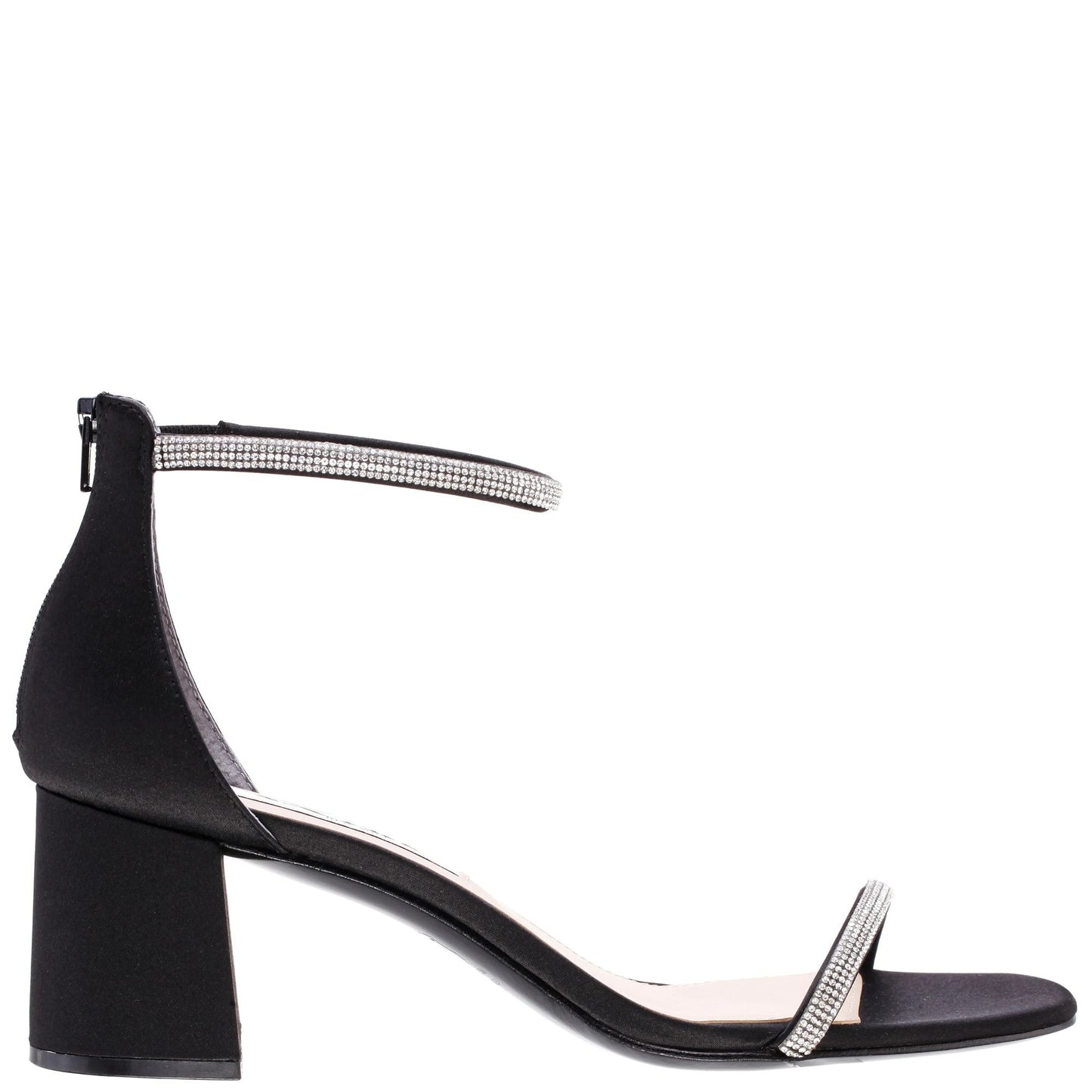 NINA BARBY Black Satin Sandals With Crystals At Ankle And Vamp On a Block heel