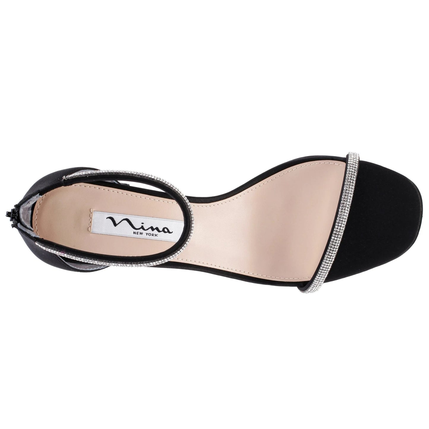 NINA BARBY Black Satin Sandals With Crystals At Ankle And Vamp On a Block heel