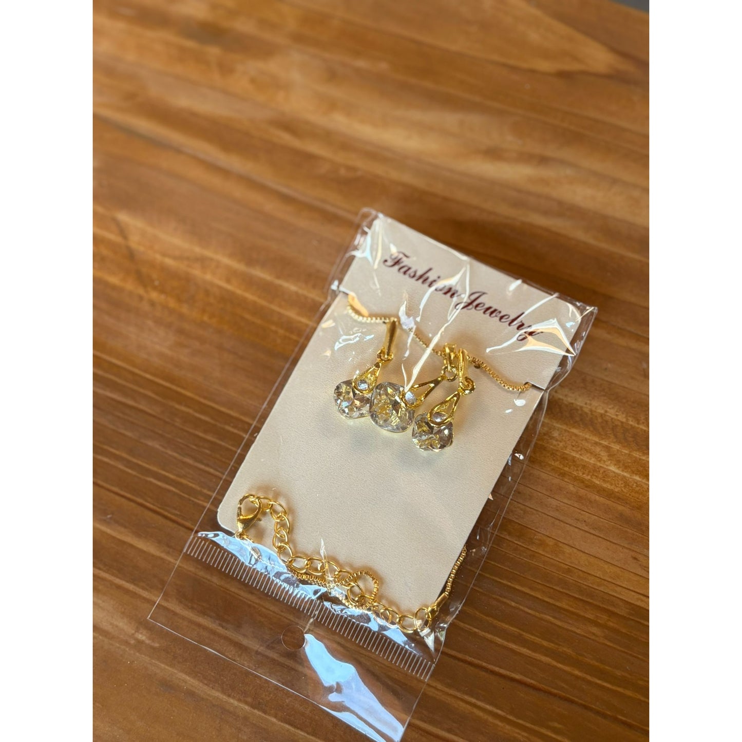 Gold Tone Necklace & Earrings Set With Clear Crystal Drops