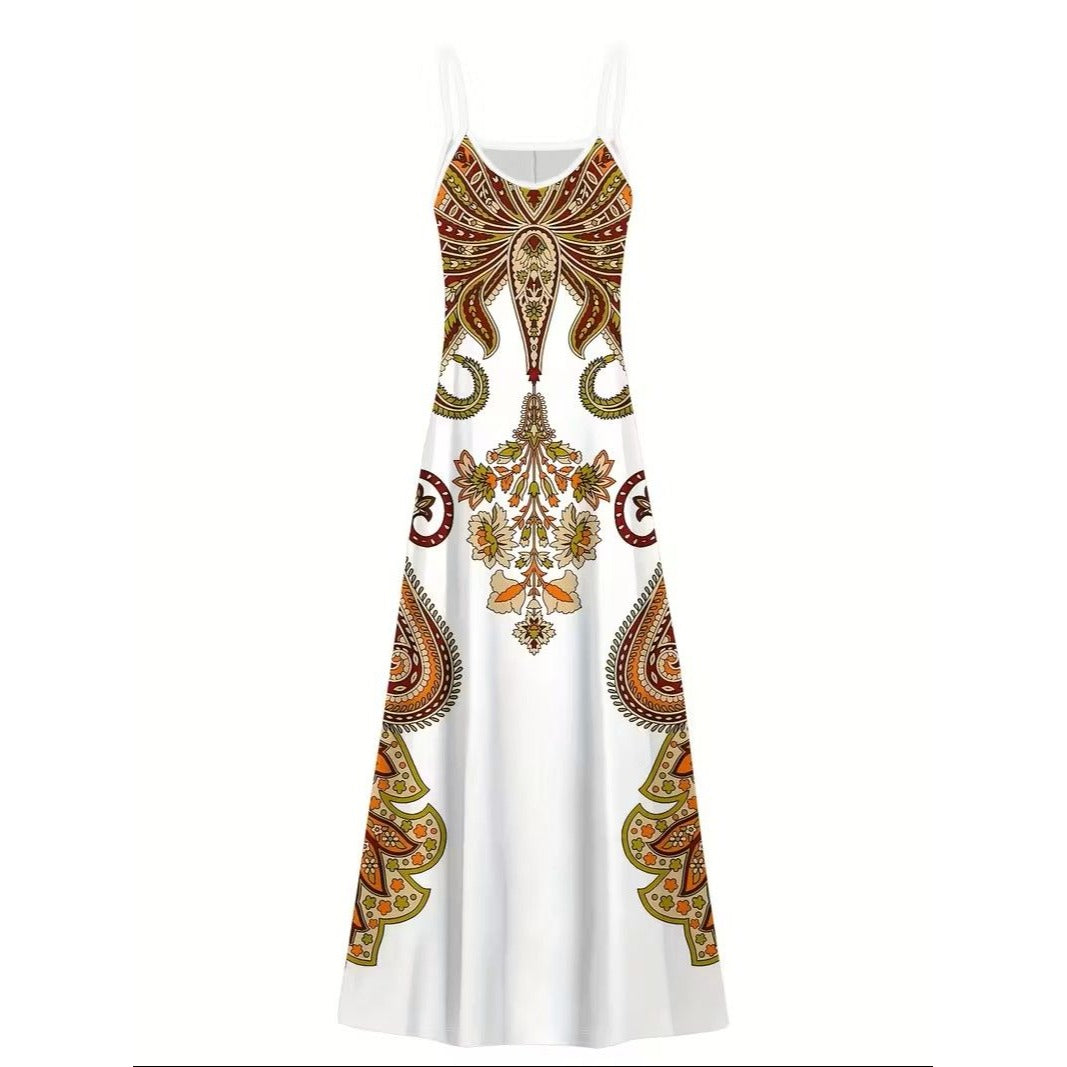 Boho Paisley Maxi Womens (M) Bodycon Spaghetti Strap Resort Summer Dress