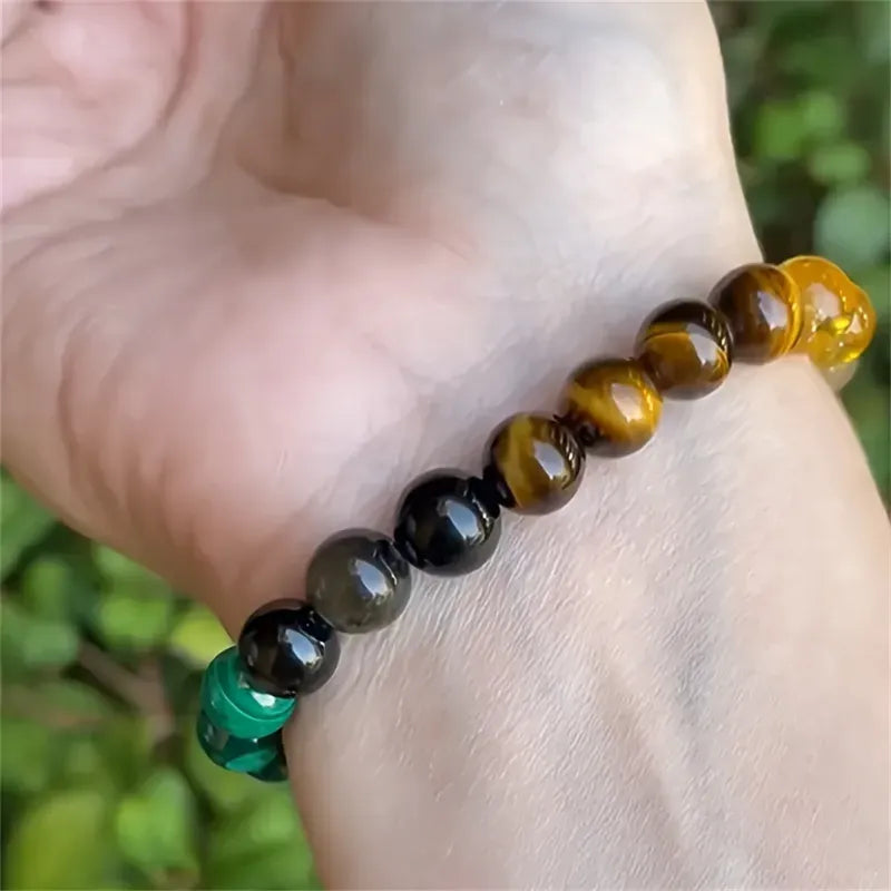Natural Gemstone Beaded Bracelet For Wealth Abundance & Prosperity With Tiger Eye, Malachite and Aquamarine