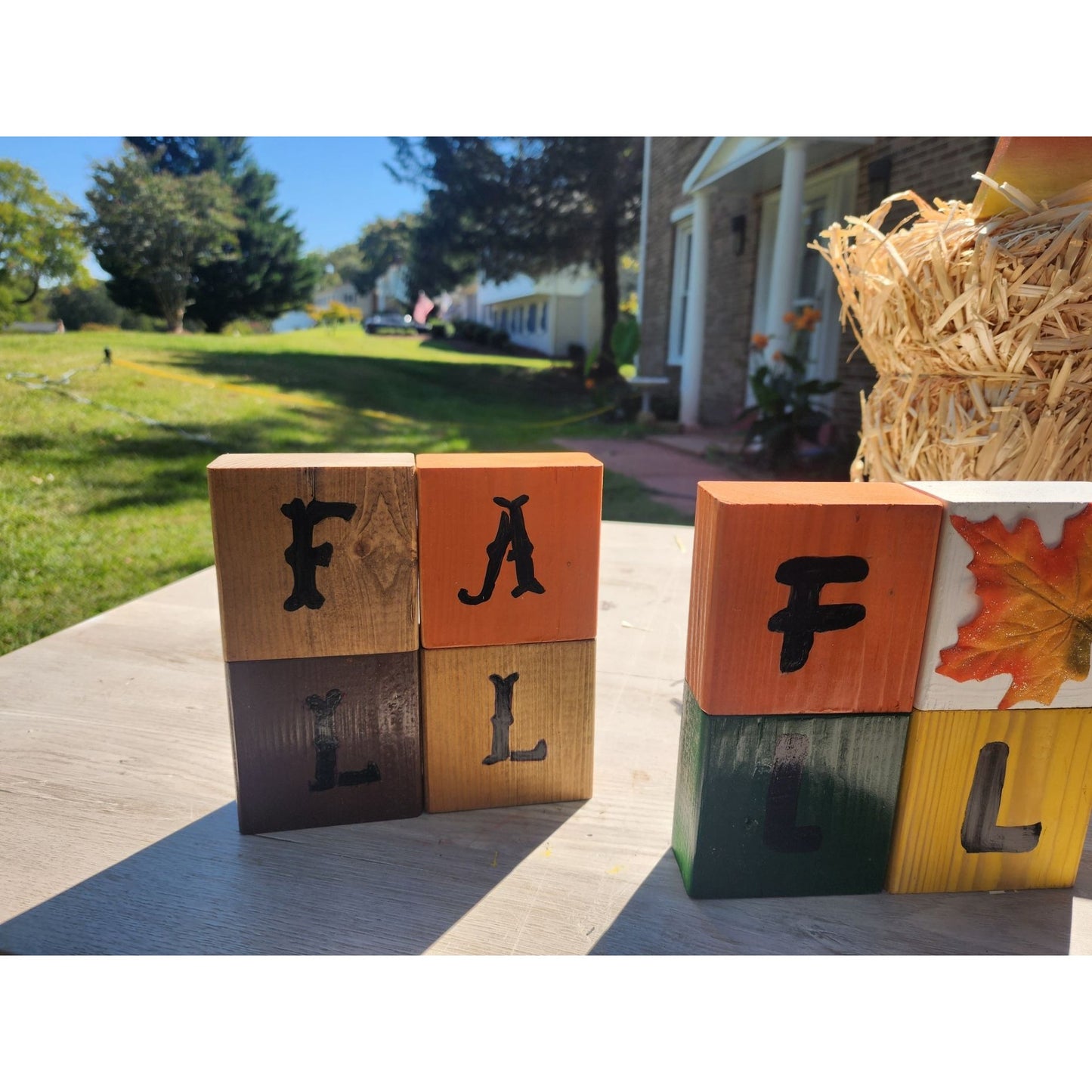 Rustic Wooden Block Set Spelling Fall With Leaf Design