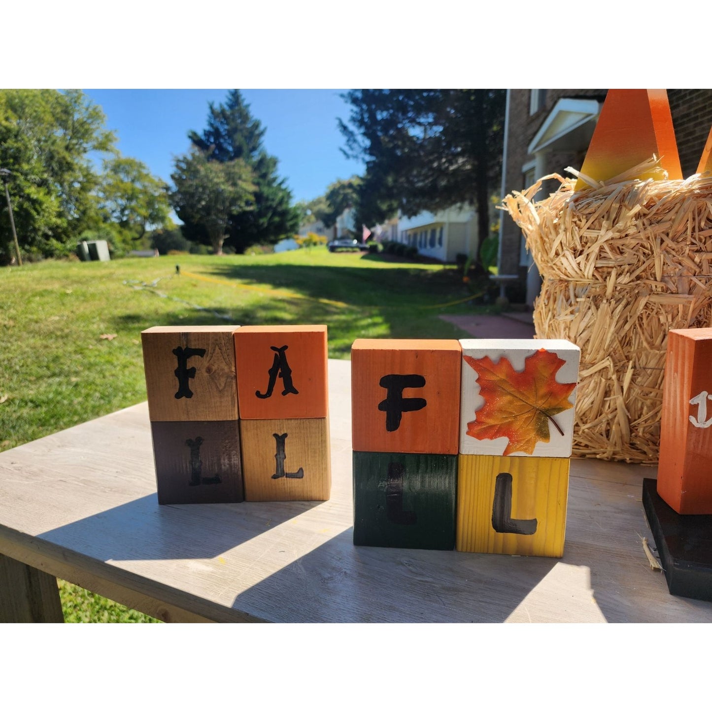 Rustic Wooden Block Set Spelling Fall With Leaf Design