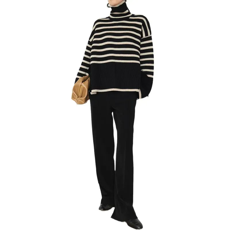 Oversized Striped Turtleneck Sweater Womens Fashionable Knitwear Loose Fit