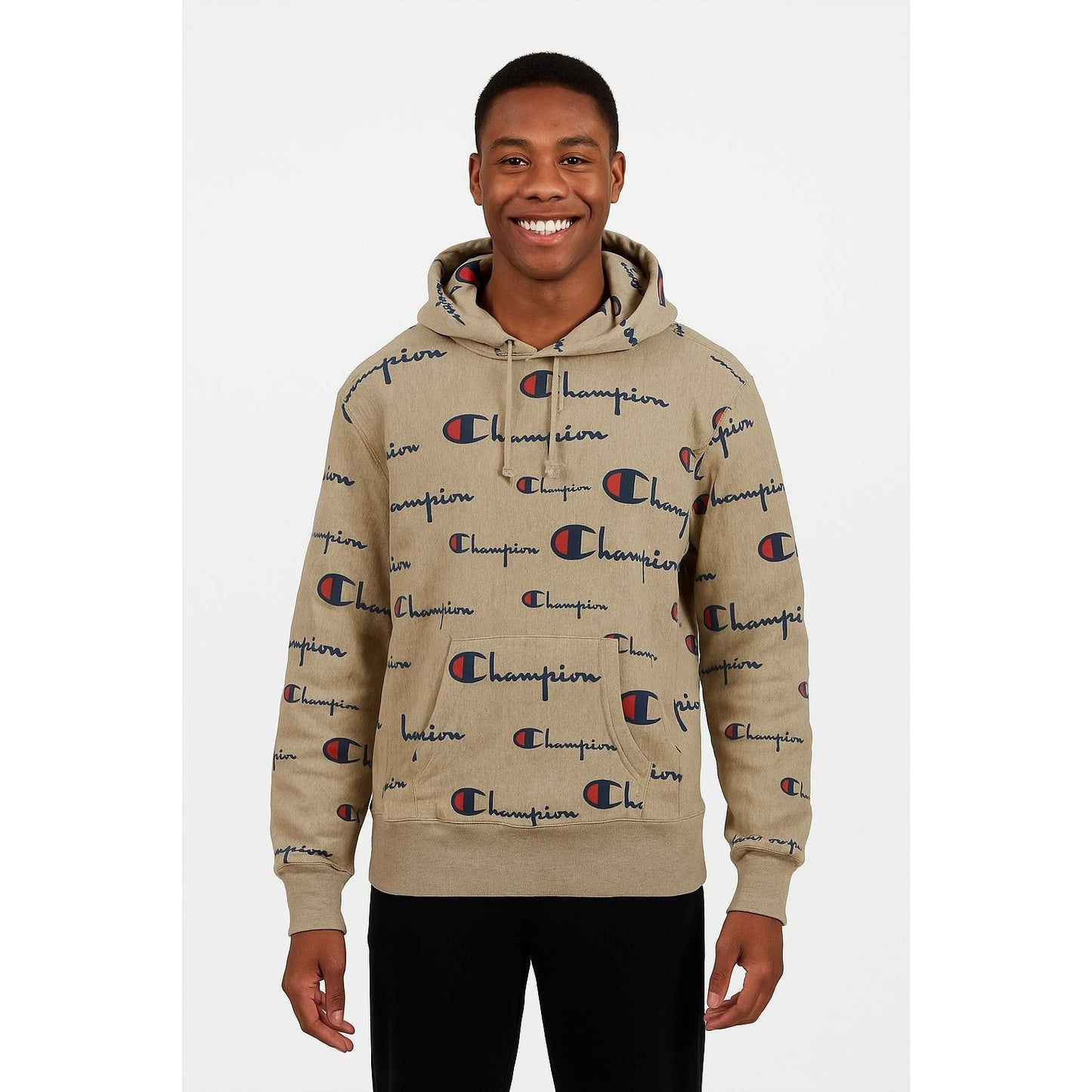 Champion Allover Print Hoodie Beige With Logo For Men Size L
