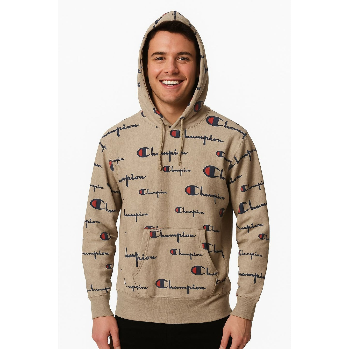 Champion Allover Print Hoodie Beige With Logo For Men Size L