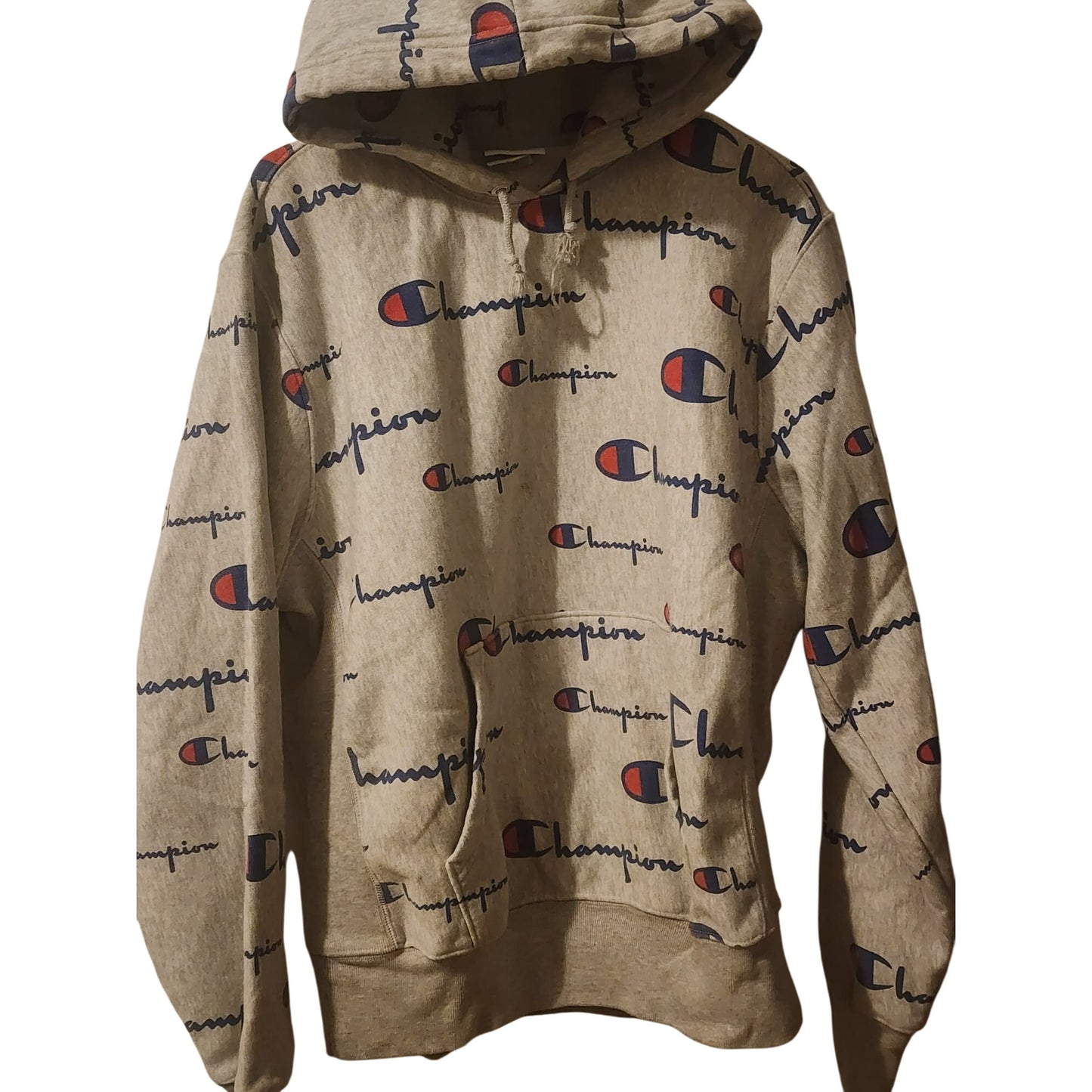 Champion Allover Print Hoodie Beige With Logo For Men Size L