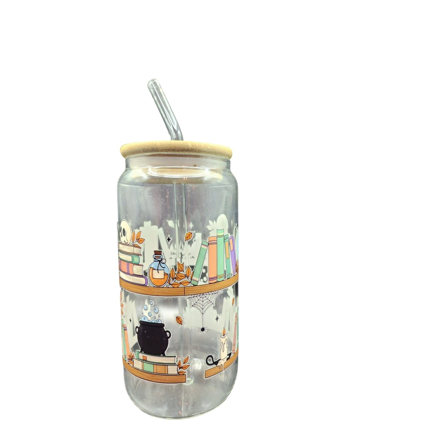 Halloween-Themed Glass Tumbler Cup With Bamboo Lid & Straw - Witchy Bookshelf Design