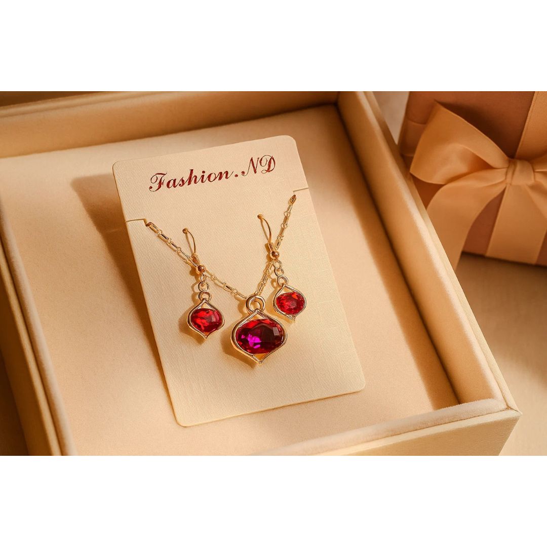Red Gemstone Rose Gold Necklace & Earring Set