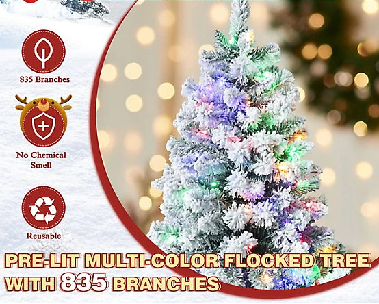Snowy Artificial Christmas Tree w/Color Changing Led Lights 6.5 Ft Indoor Use Only