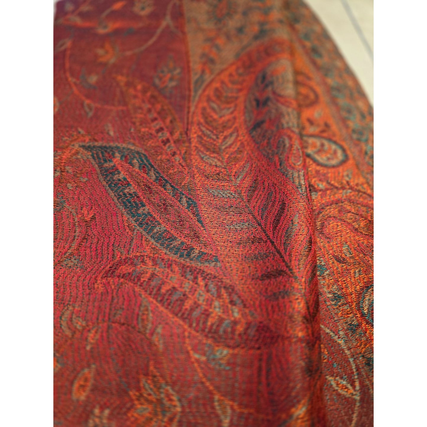 Vintage Paisley Red & Orange Woven Scarf With Fringe Lightweight