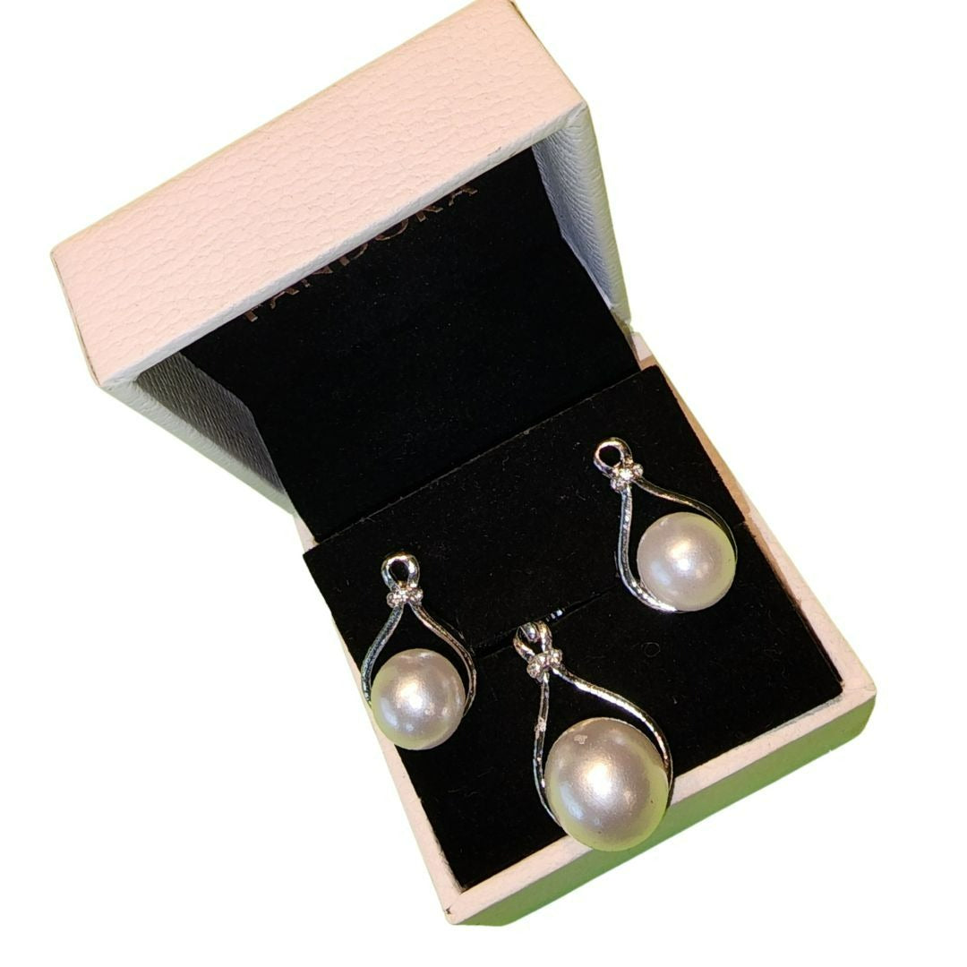 Sterling Silver & Faux Pearl Jewelry Set With Earrings & Pendant In Gift Box