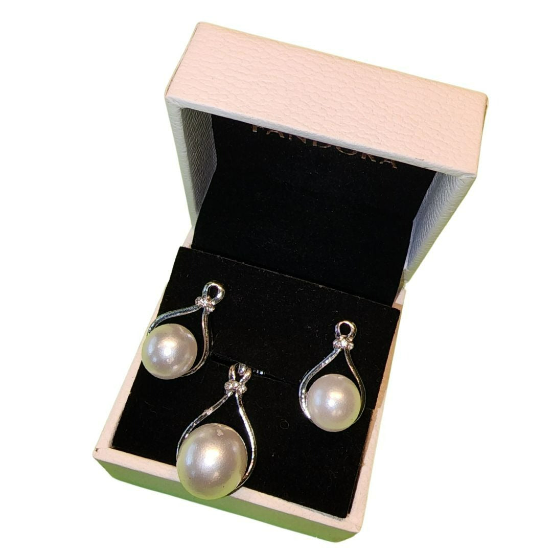 Sterling Silver & Faux Pearl Jewelry Set With Earrings & Pendant In Gift Box