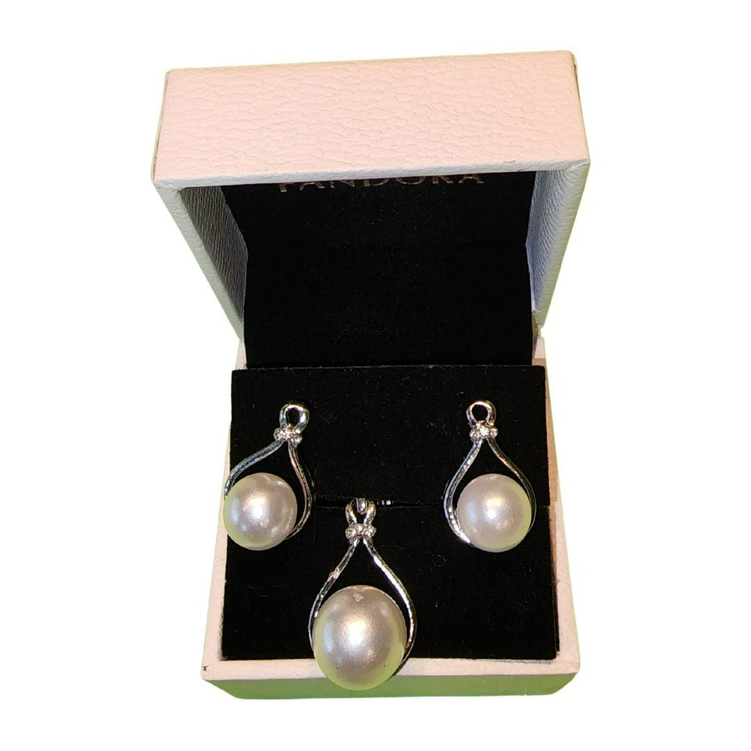 Sterling Silver & Faux Pearl Jewelry Set With Earrings & Pendant In Gift Box