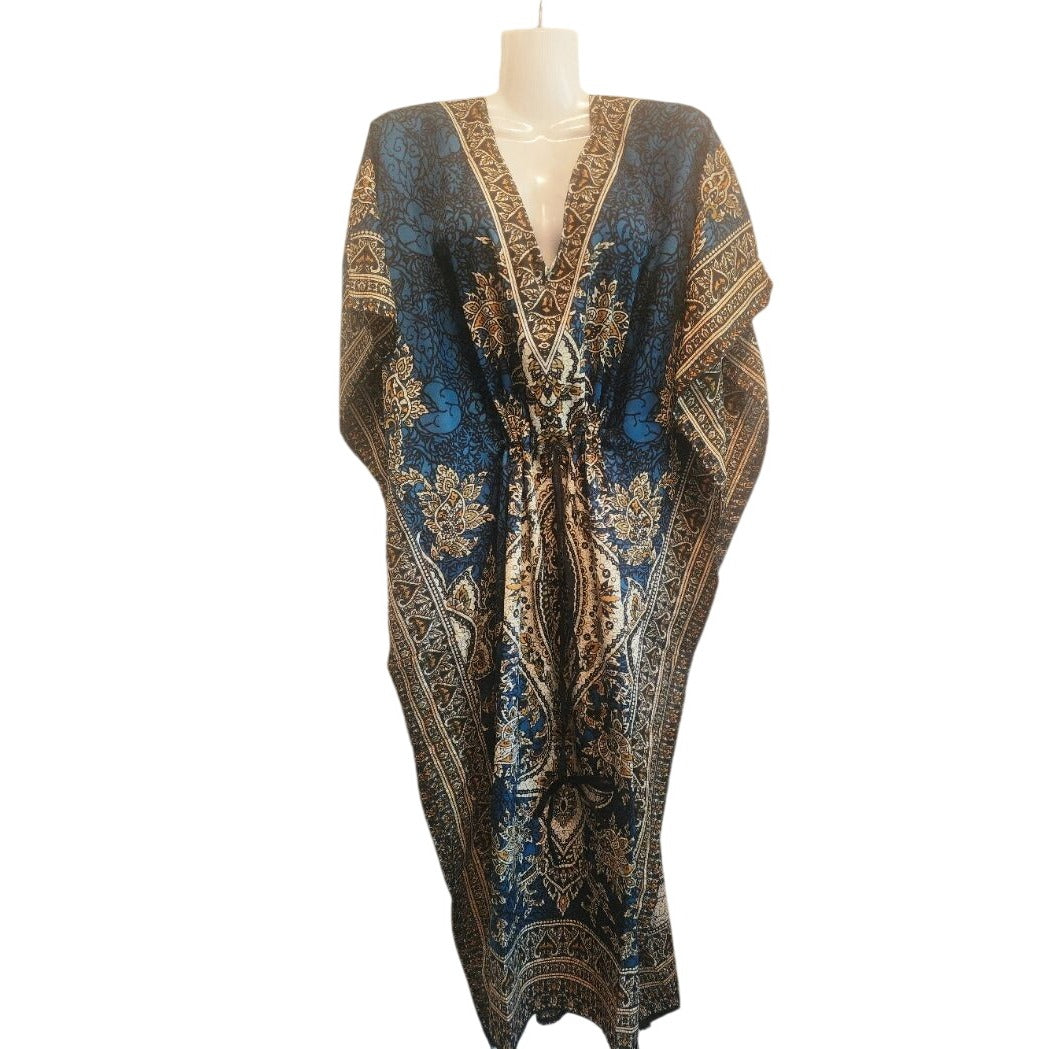 Bohemian Kaftan Maxi Dress Deep Blue & Gold Floral Print V-Neck Adjustable Waist Flowy Resort Wear