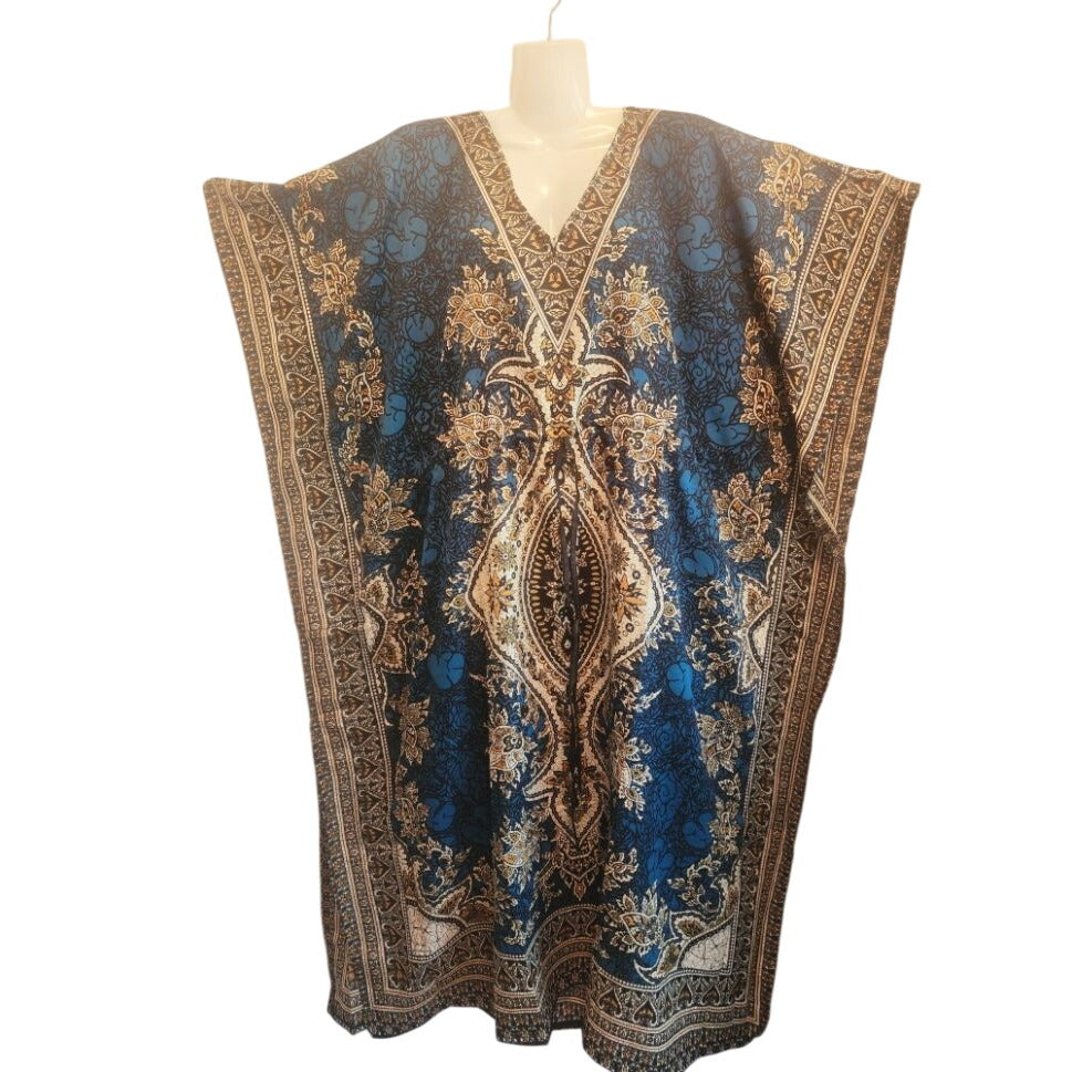 Bohemian Kaftan Maxi Dress Deep Blue & Gold Floral Print V-Neck Adjustable Waist Flowy Resort Wear