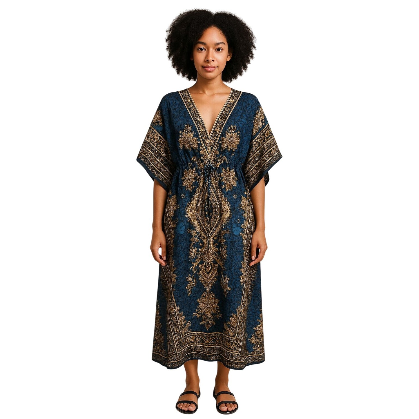Bohemian Kaftan Maxi Dress Deep Blue & Gold Floral Print V-Neck Adjustable Waist Flowy Resort Wear