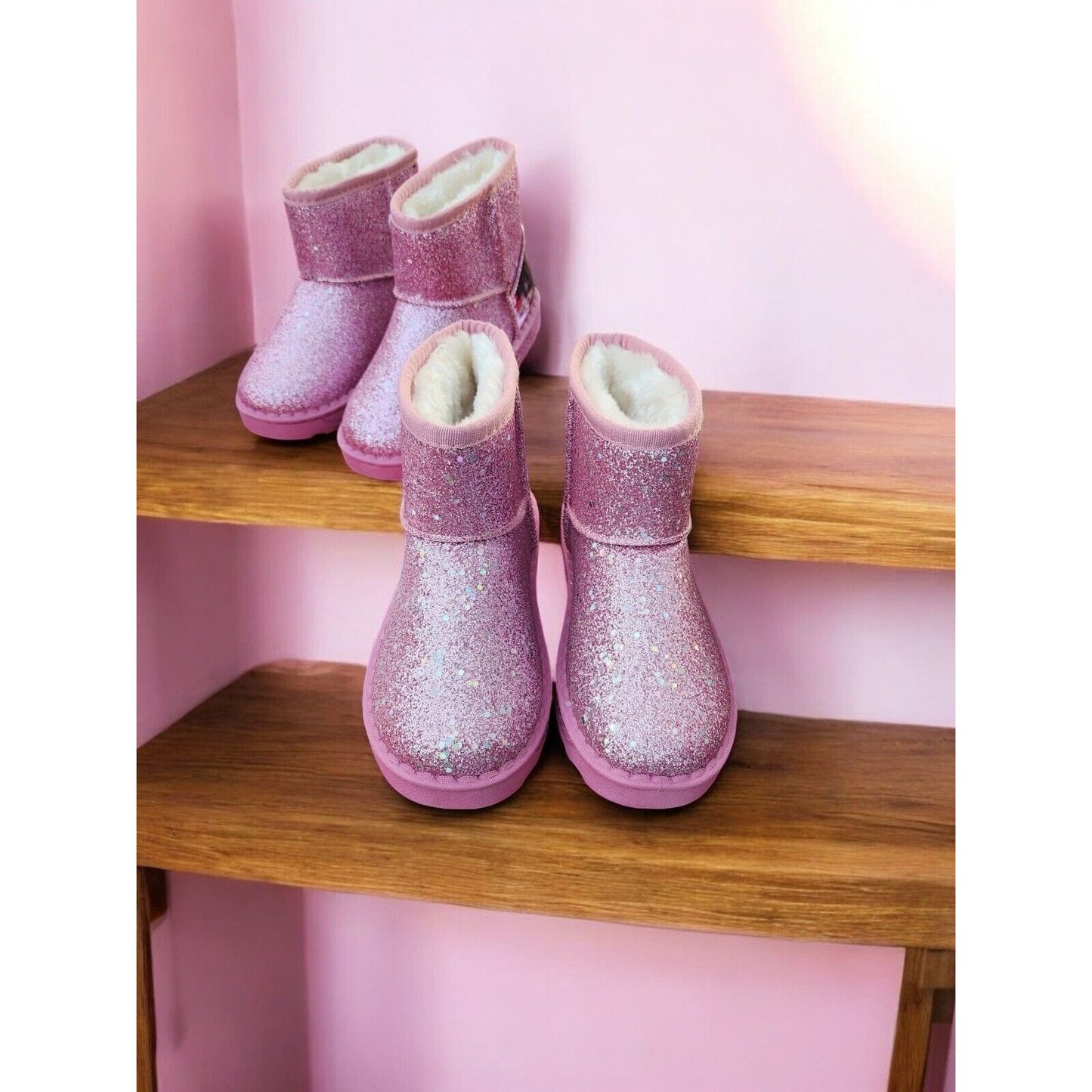 Kids Glittery Pink & Black Faux Fur Lined Mini Boots