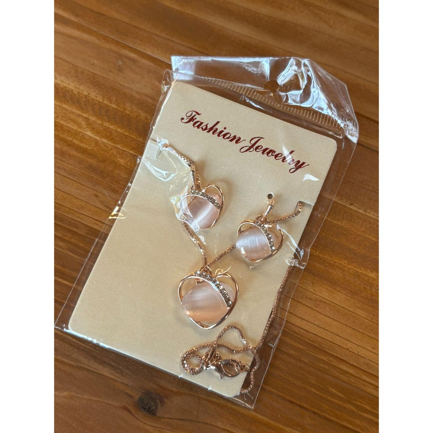 Rose Gold Necklace & Earrings Set With Pink Stone & Rhinestones