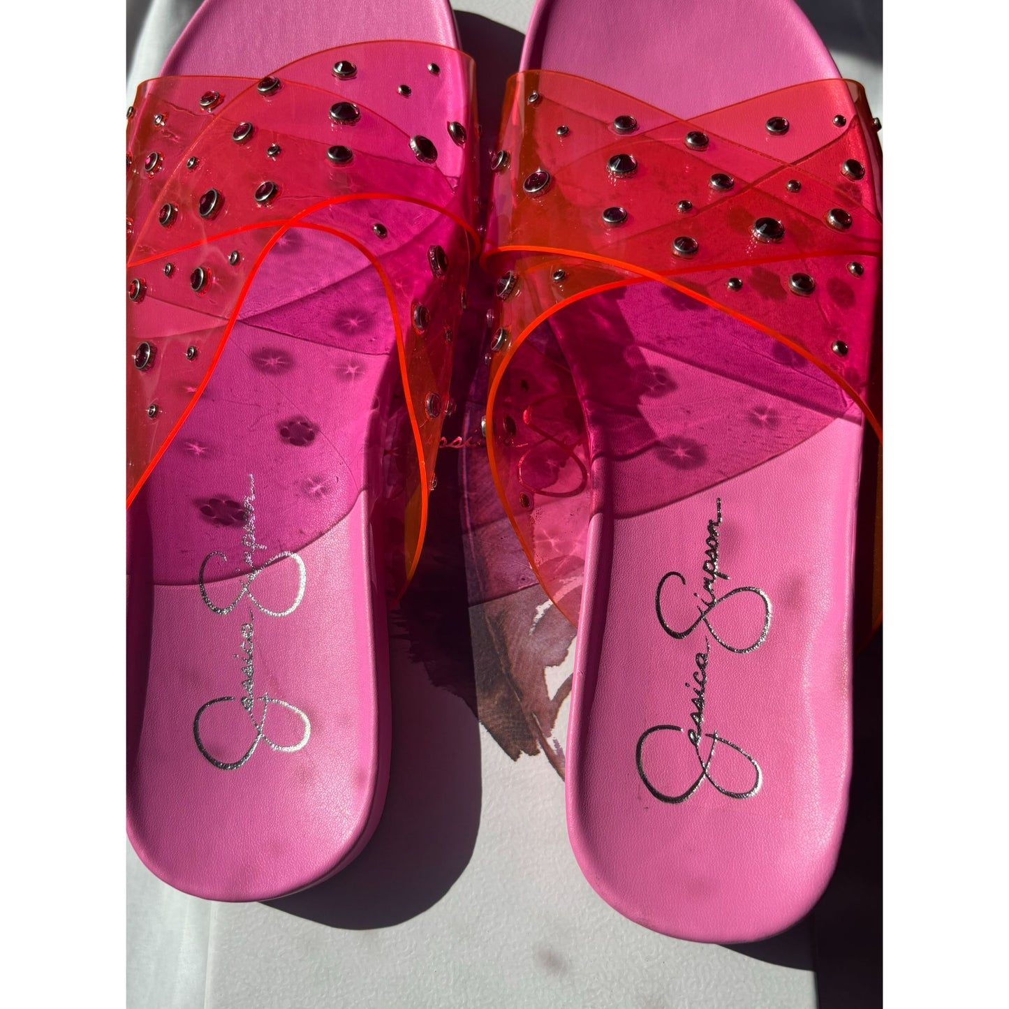 Jessica Simpson Womens Pink Slide Sandals Rhinestone Studded