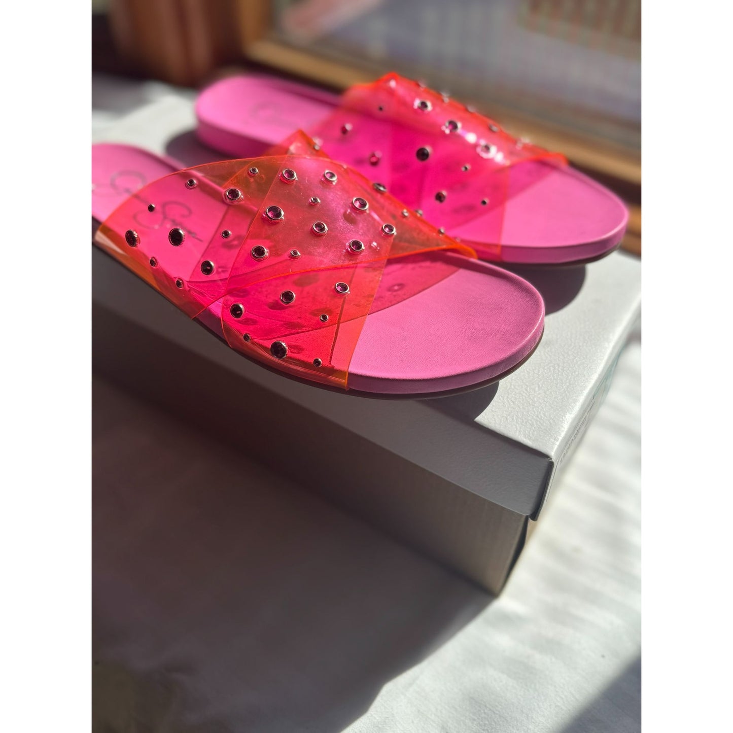 Jessica Simpson Womens Pink Slide Sandals Rhinestone Studded