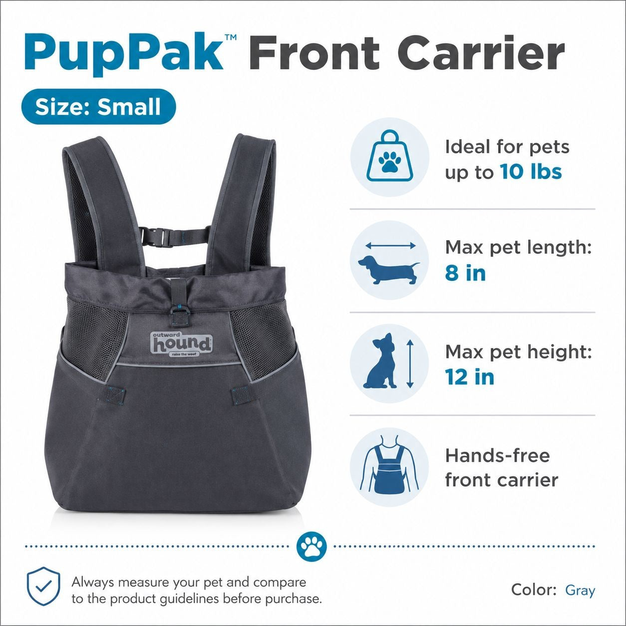 Outward Hound PupPak Front Dog Carrier – Small Gray Hands-Free Pet Carrier for Dogs Up to 10 lbs