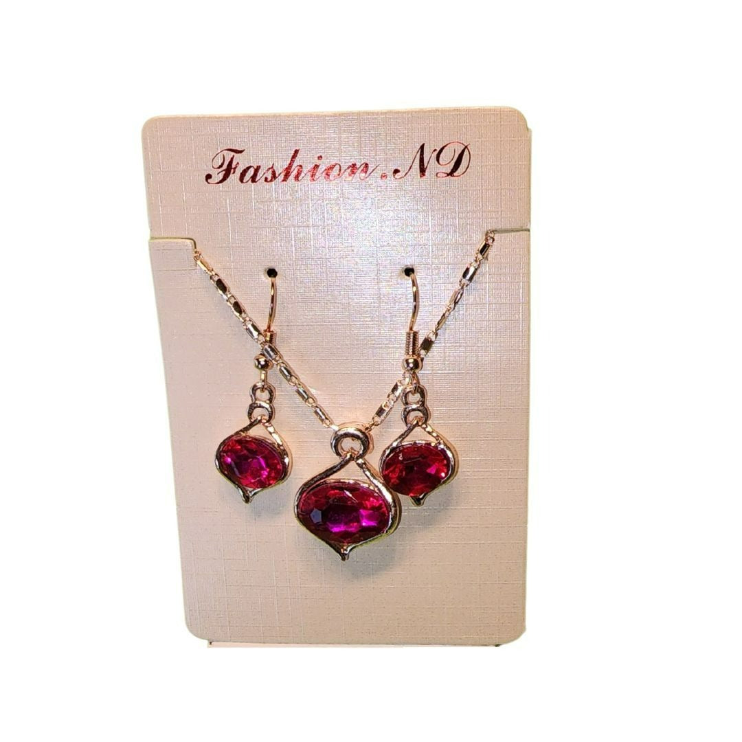 Red Gemstone Rose Gold Necklace & Earring Set
