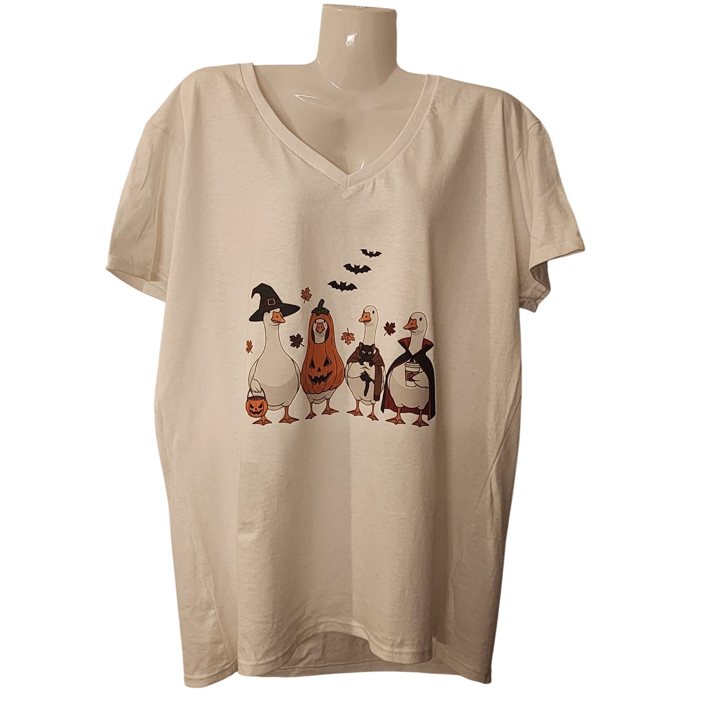 Halloween Goose-Themed XL White V-Neck T-Shirt Heavy Cotton Gildan Fall Design