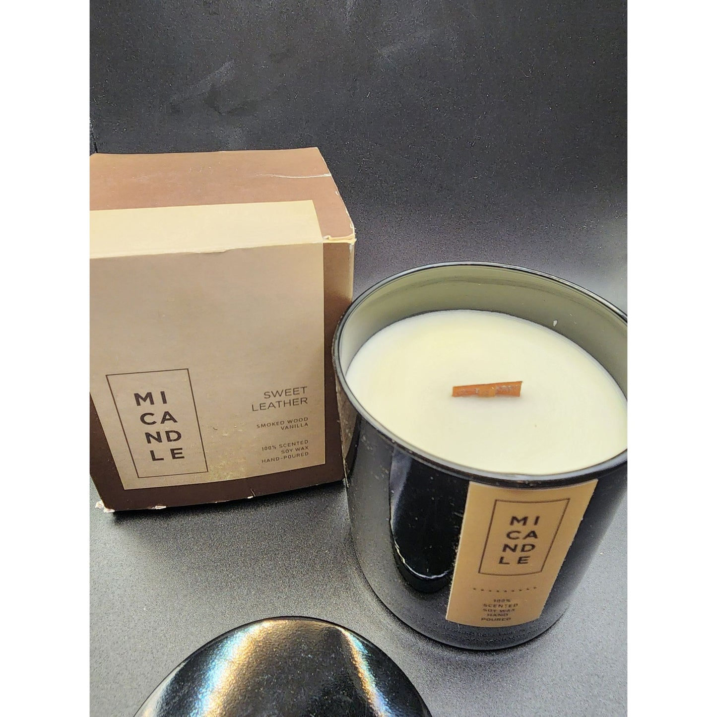 Mi Candle Sweet Leather Scented Wax Candle 100% Hand Poured With Wooden Wick