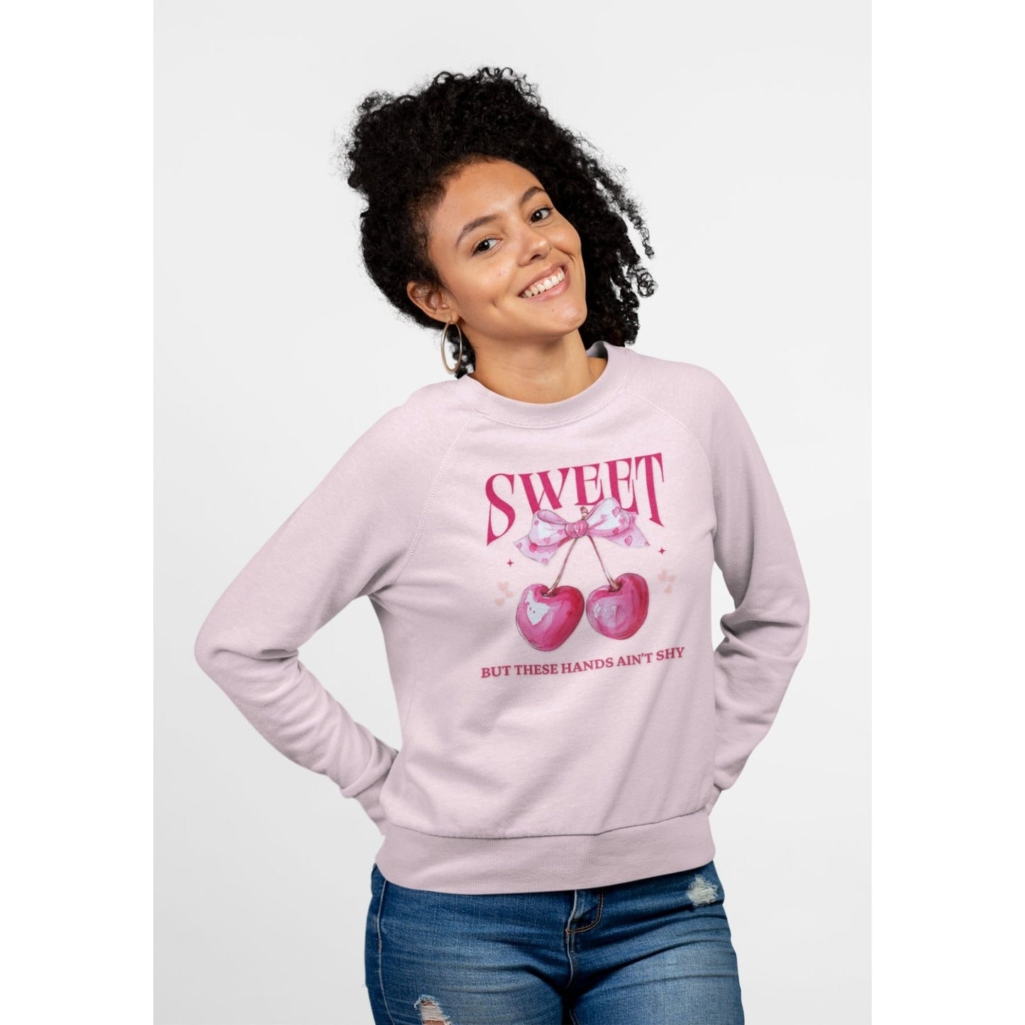 Sweet "But These Hands Aint Shy" Graphic Crewneck Sweatshirt Funny Cherry Design 50% Cotton 50% Polyester Unisex Casual Fit