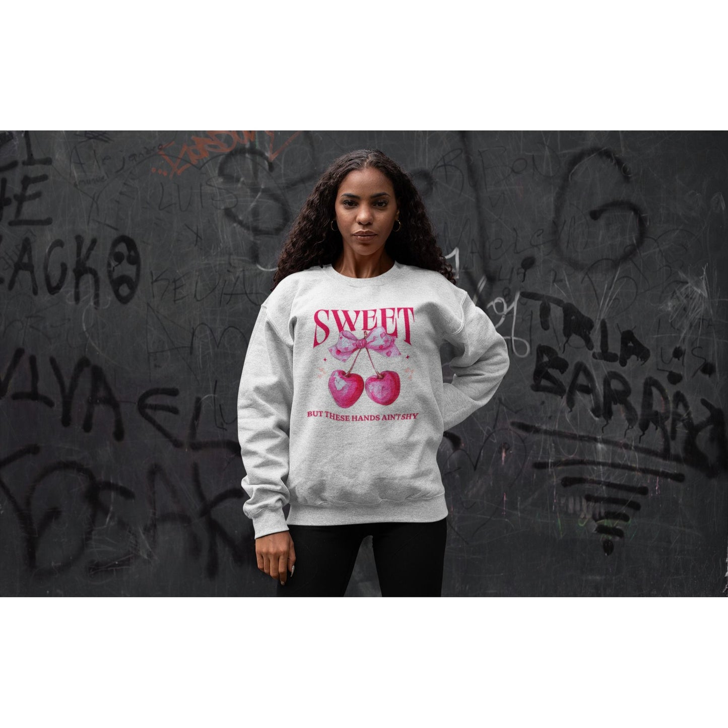Sweet "But These Hands Aint Shy" Graphic Crewneck Sweatshirt Funny Cherry Design 50% Cotton 50% Polyester Unisex Casual Fit