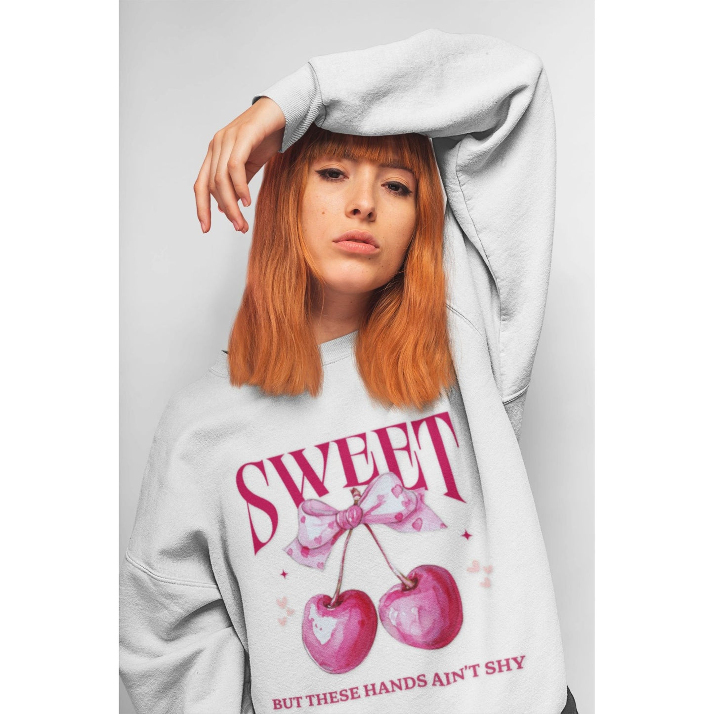Sweet "But These Hands Aint Shy" Graphic Crewneck Sweatshirt Funny Cherry Design 50% Cotton 50% Polyester Unisex Casual Fit