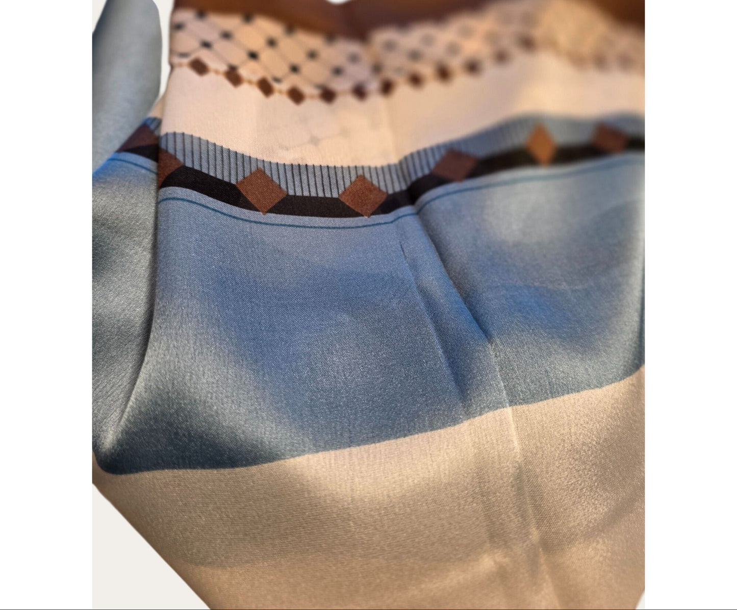 Vintage-Inspired Scarf With Geometric & Striped Pattern In Blue Beige & Brown