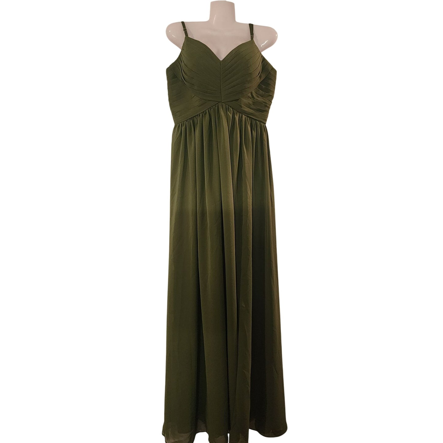 Elegant Olive Green Maxi Dress With Pleated Bodice & Spaghetti Straps Design Flowy